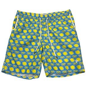 Beach Bros Swim Trunks Mens XL Blue Lemon & Lime Print‎ Bathing Suit Mesh Lined